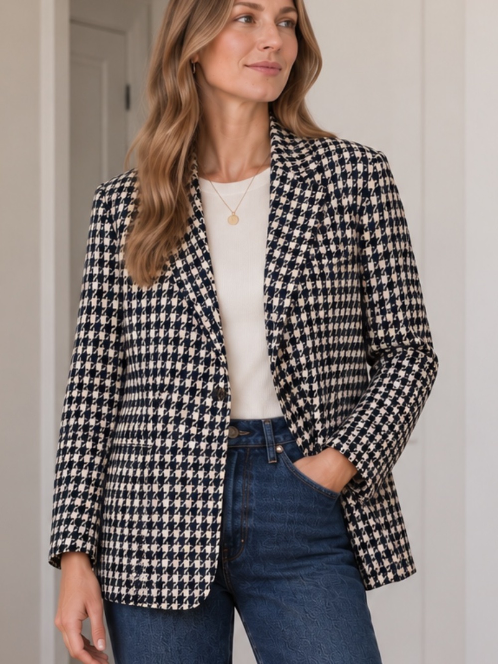 Vintage Liz Claiborne Navy Cream Houndstooth Wool Blazer 14